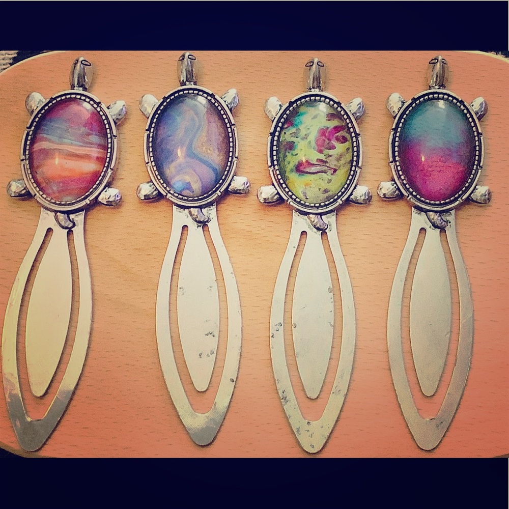 4 turtle shaped acrylic pour painted bookmarks